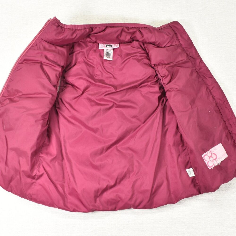 REI Girls Down Puffer Vest XS 6 7 Pink Magenta Quilted Floral Embroidered Co-op - Picture 3 of 8